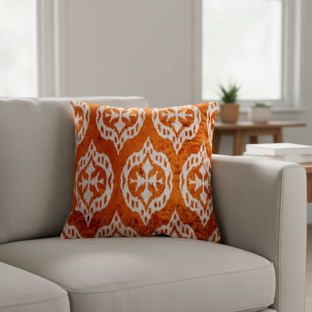 Silk Velvet Ikat Cushion – Off White/Amber
