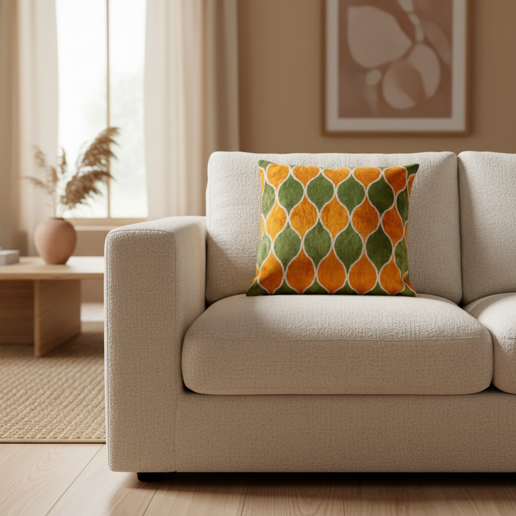 Silk Velvet Ikat Cushion – Off White/Green/Saffron Gold