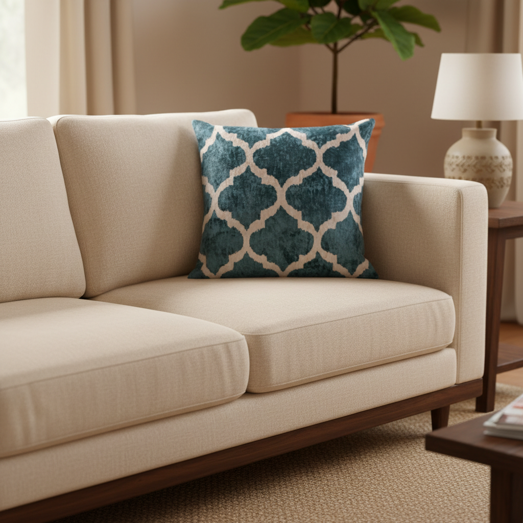 Silk Velvet Ikat Cushion – Off White /Turquoise