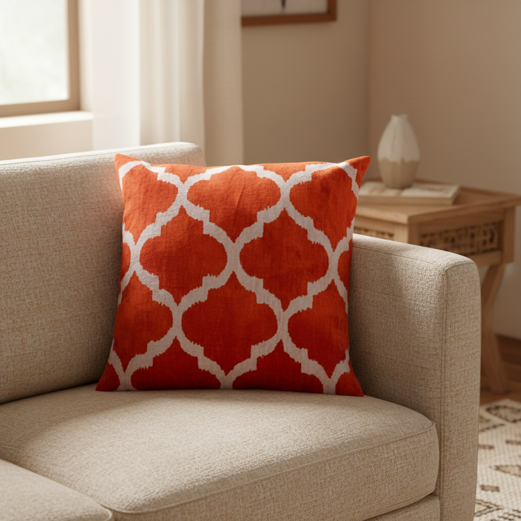 Silk Velvet Ikat Cushion – Off White/Red