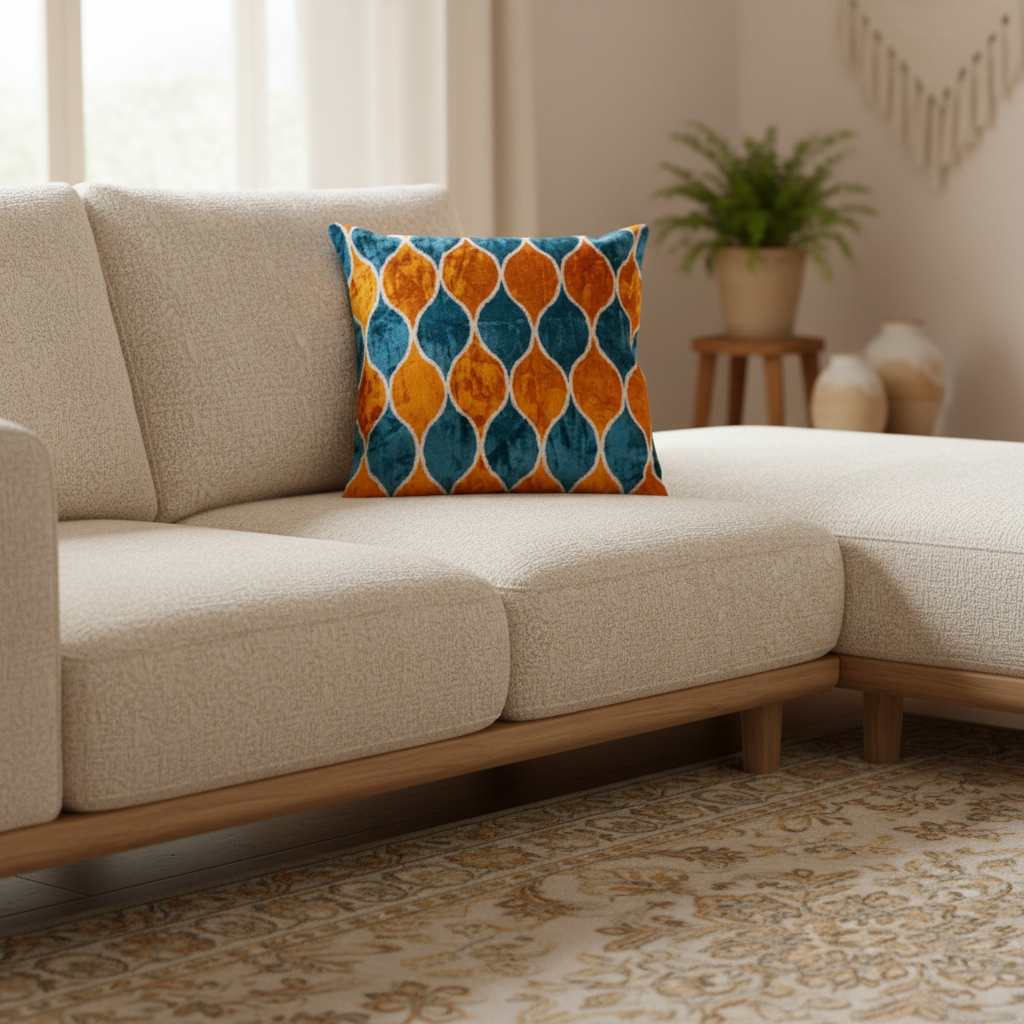 Silk Velvet Ikat Cushion – Off White /Saffron Gold/ Turquoise