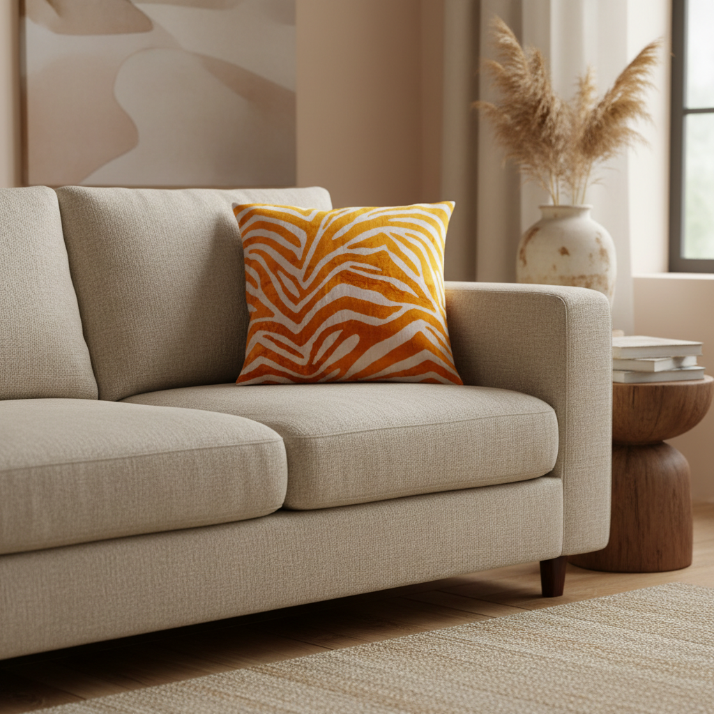 Silk Velvet Ikat Cushion – Off White/Saffron Gold