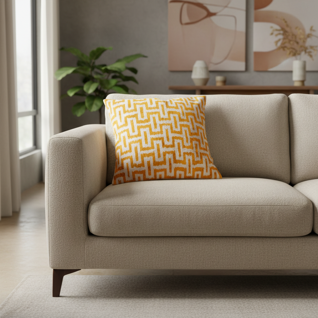 Silk Velvet Ikat Cushion – Off White/Saffron Gold