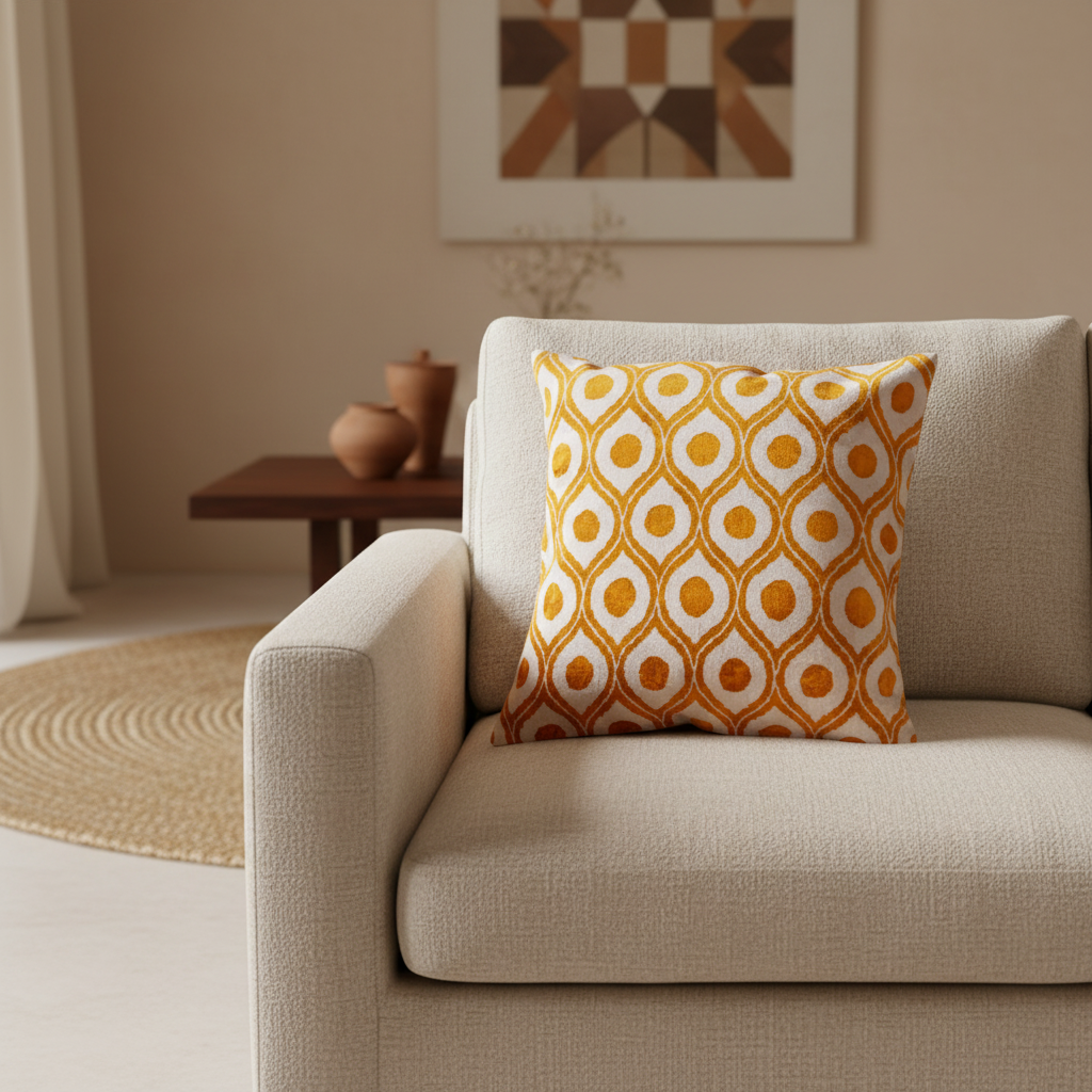 Silk Velvet Ikat Cushion – Off White/Saffron Gold