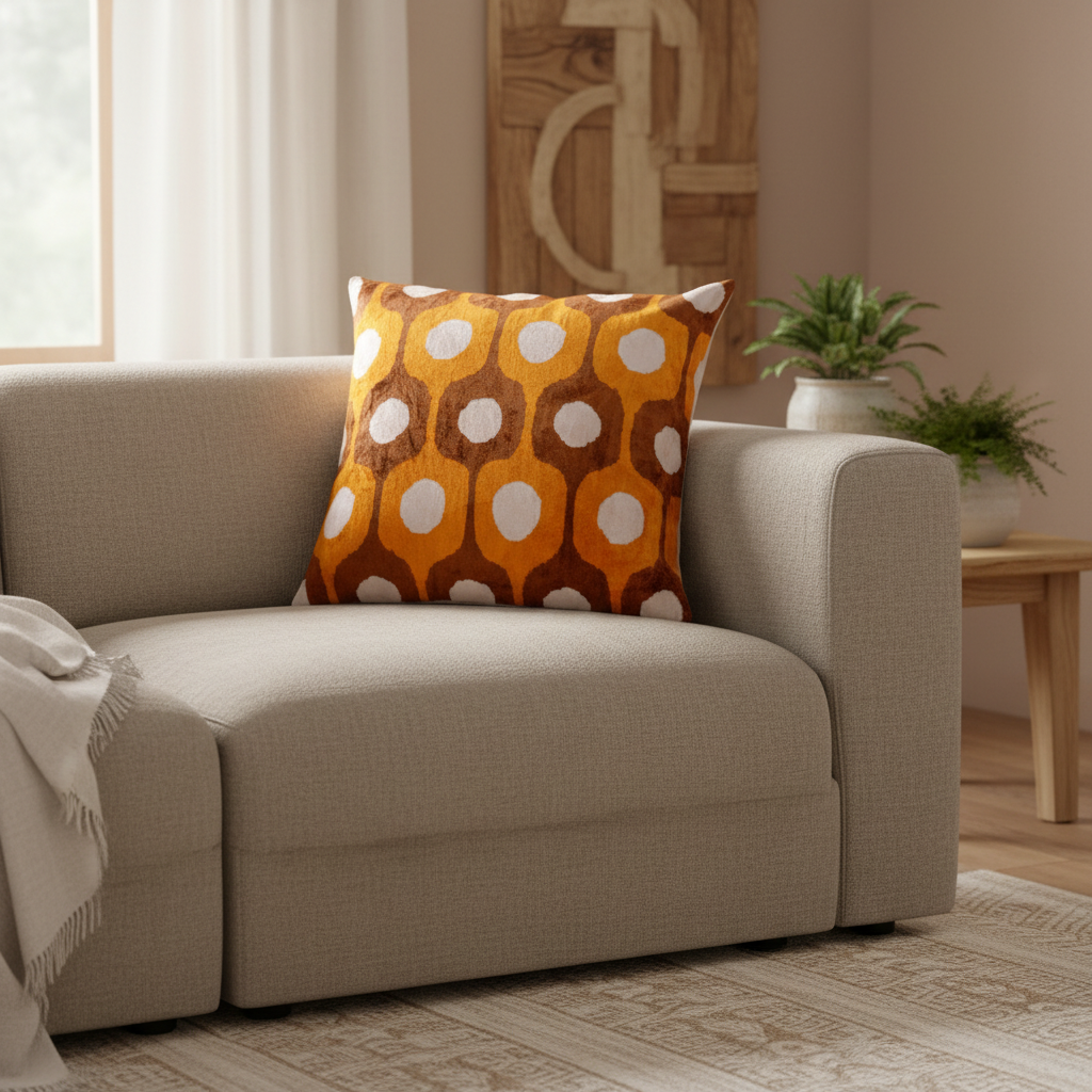 Silk Velvet Ikat Cushion – Off White/Brown/Saffron Gold