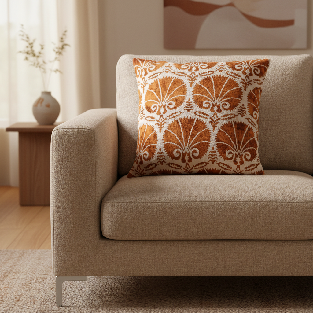 Silk Velvet Ikat Cushion – Off White/Brown
