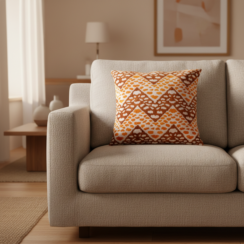 Silk Velvet Ikat Cushion – Off White/Brown/Saffron Gold
