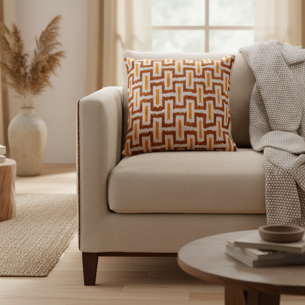 Silk Velvet Ikat Cushion – Off White/Brown/Saffron Gold