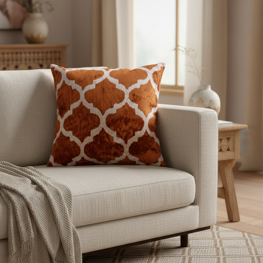 Silk Velvet Ikat Cushion – Off White/Brown