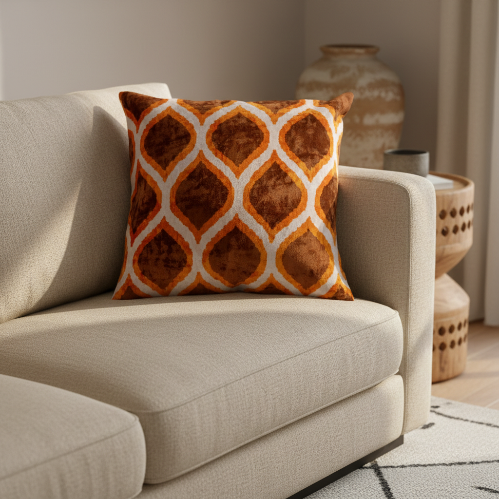 Silk Velvet Ikat Cushion – Off White/Brown/Saffron Gold