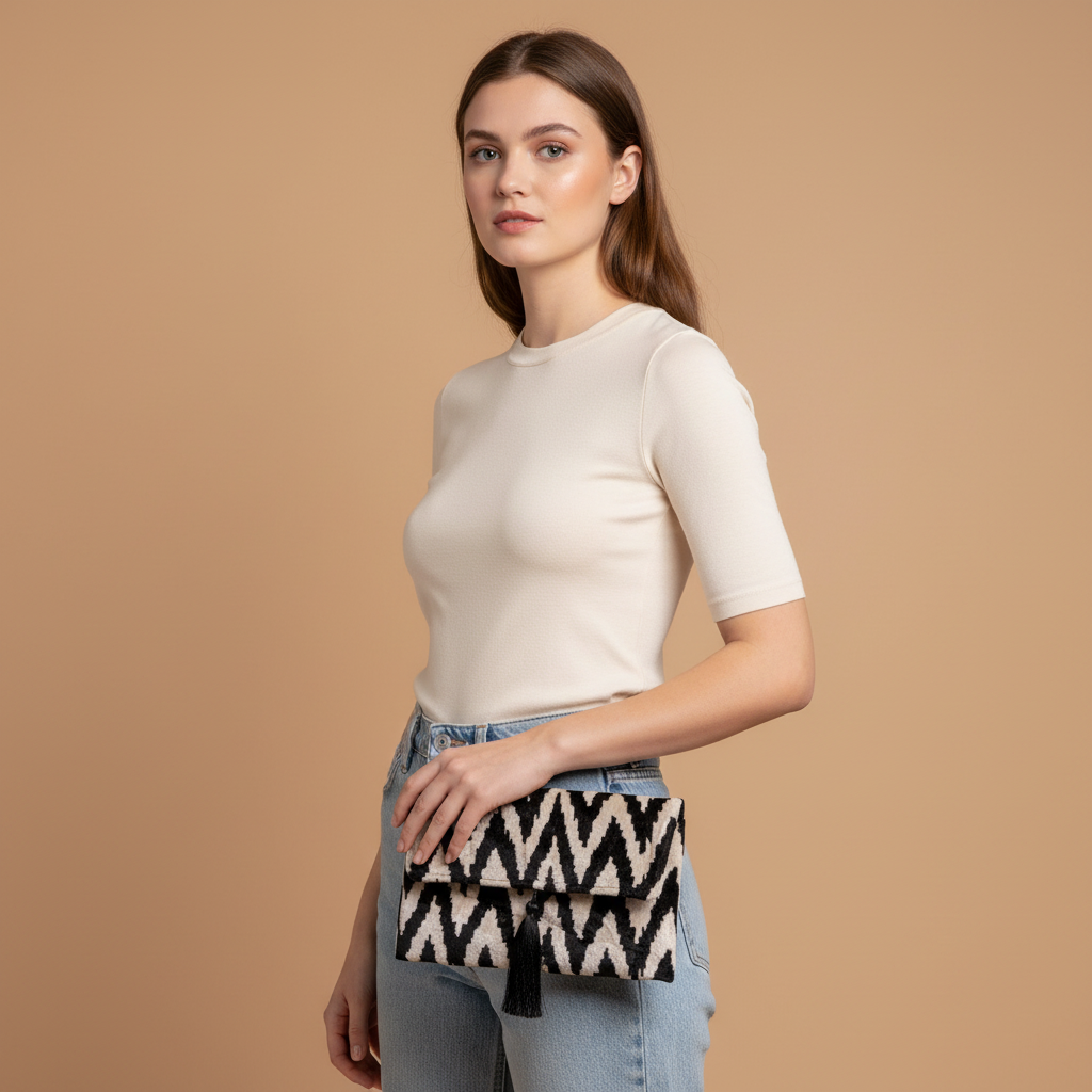 Silk Velvet Ikat Clutch – Off White / Black
