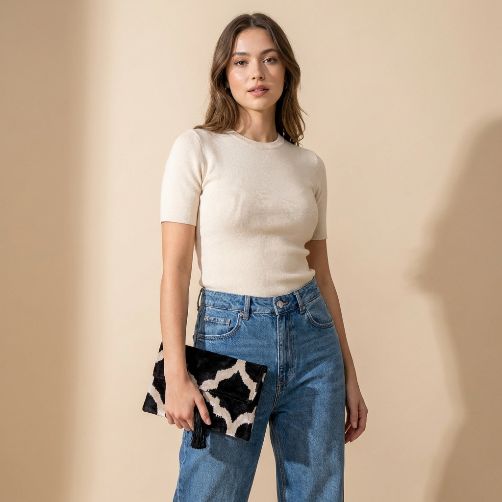 Silk Velvet Ikat Clutch – Off White / Black