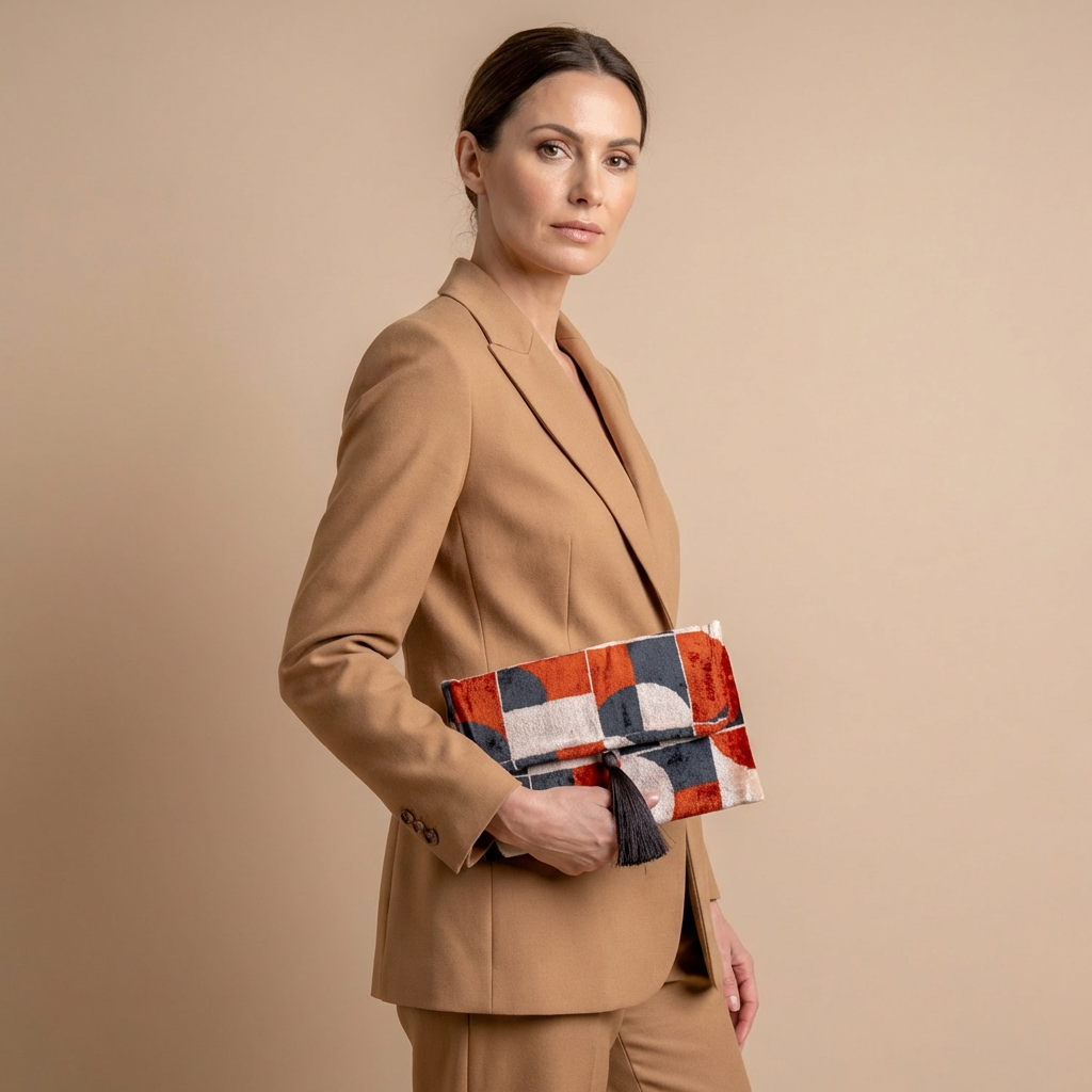 Silk Velvet Ikat Clutch – Off White / Red / Midnight Indigo