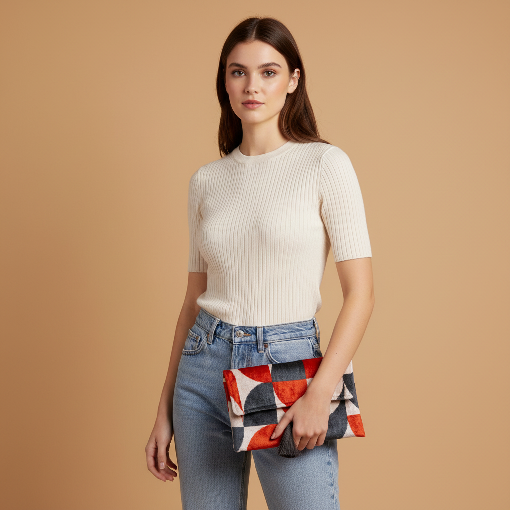 Silk Velvet Ikat Clutch – Off White / Red / Midnight Indigo