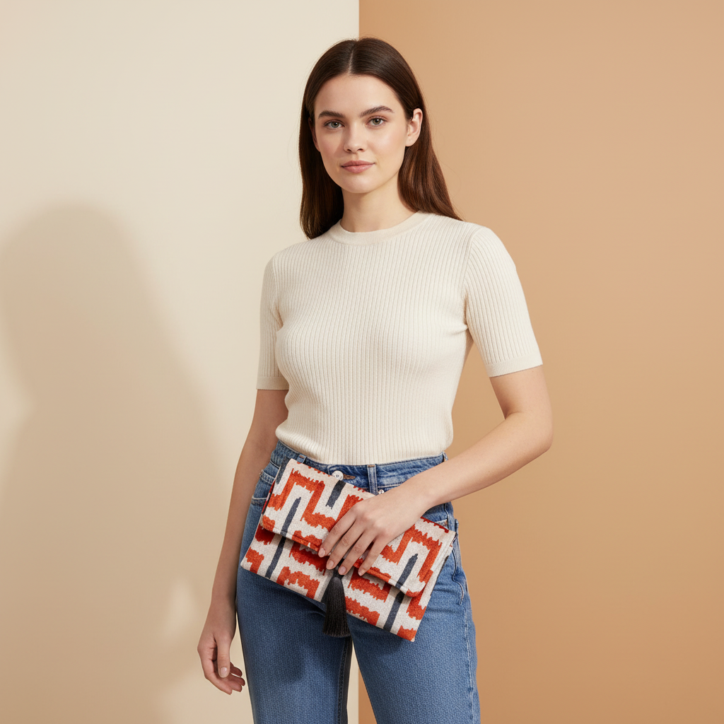 Silk Velvet Ikat Clutch – Off White / Red / Midnight Indigo