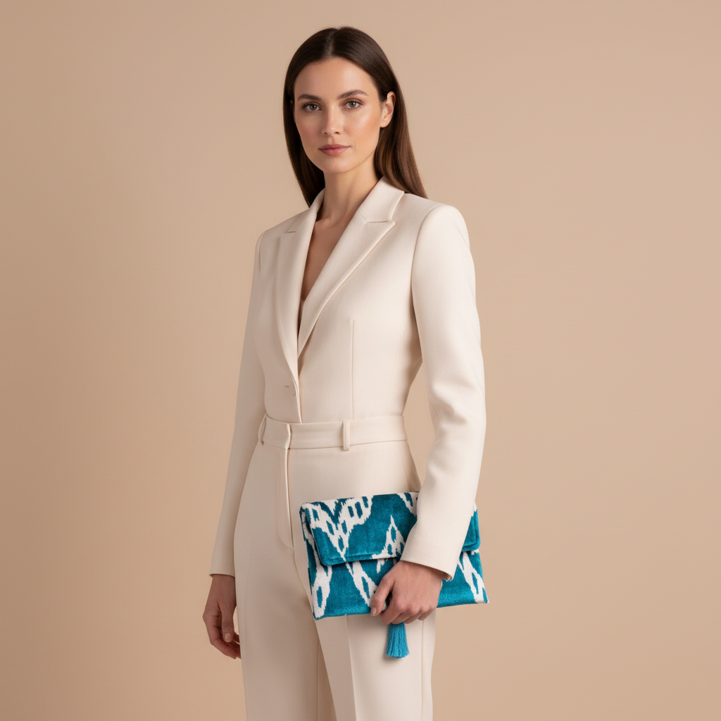 Silk Velvet Ikat Clutch – Off White / Turquoise