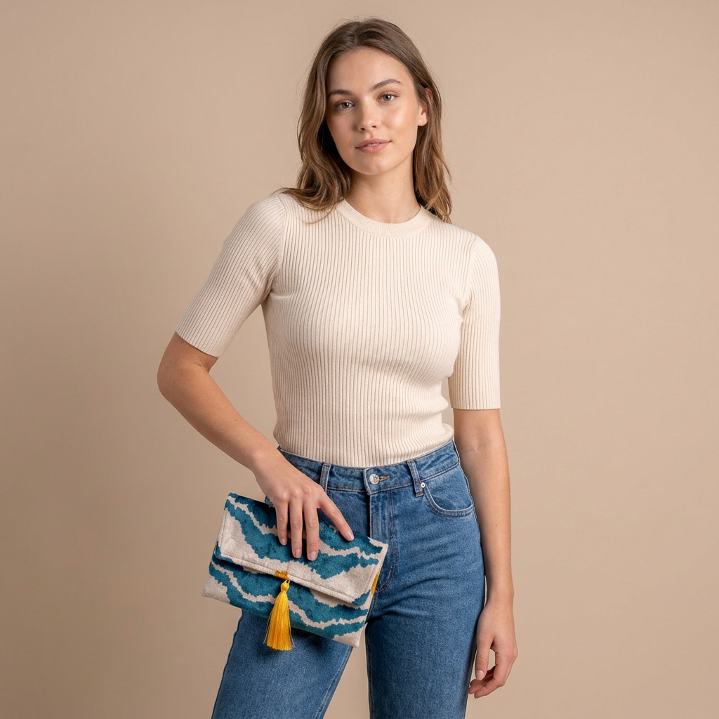 Silk Velvet Ikat Clutch – Off White / Saffron Gold / Turquoise