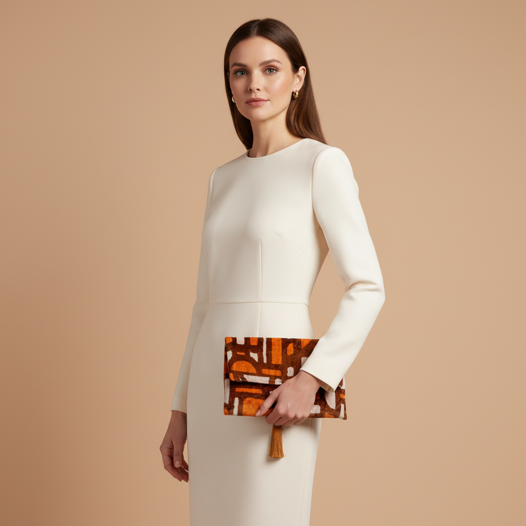 Silk Velvet Ikat Clutch – Off White / Brown / Saffron Gold