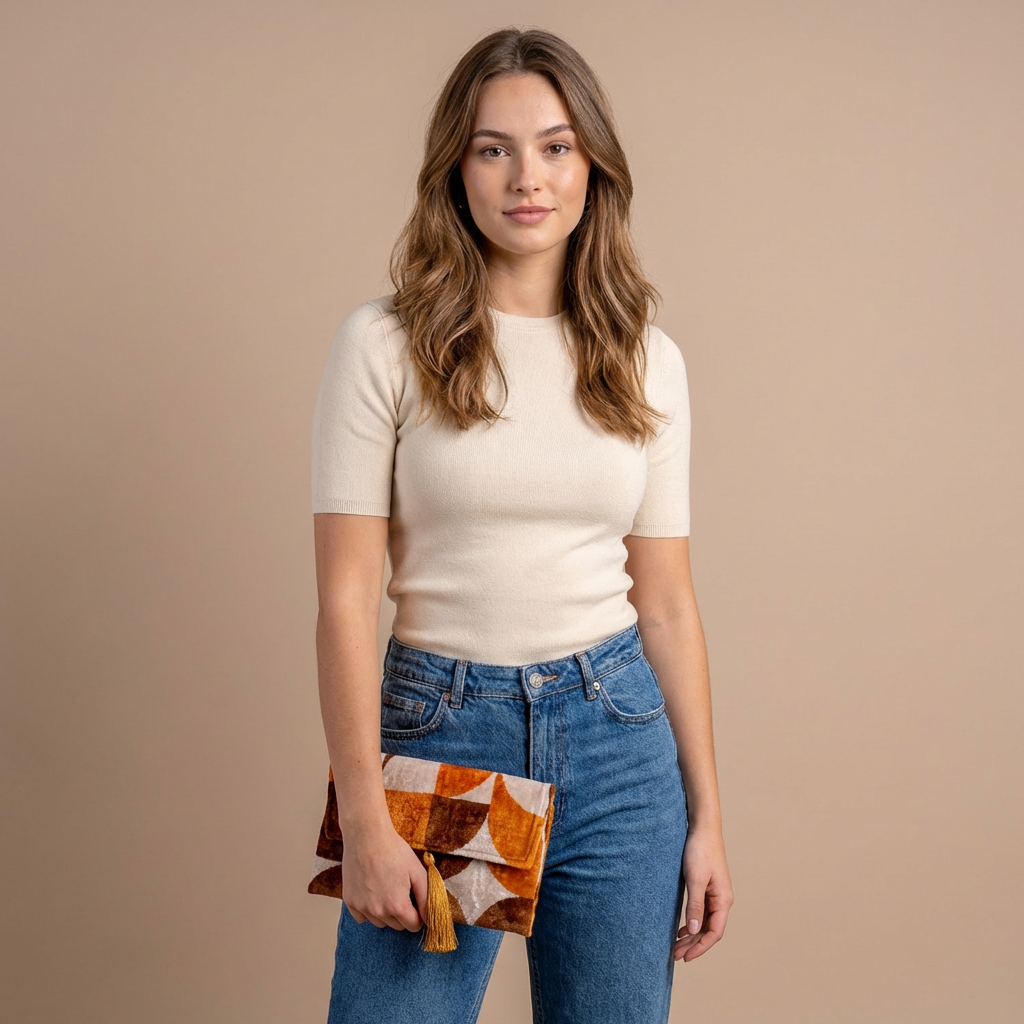 Silk Velvet Ikat Clutch – Off White / Brown / Saffron Gold