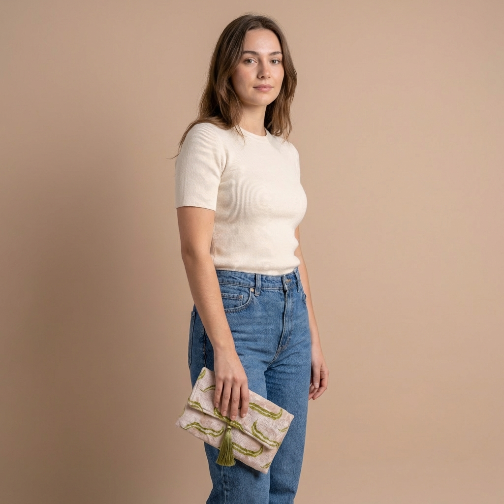 Silk Velvet Ikat Clutch – Off White / Pistachio Green