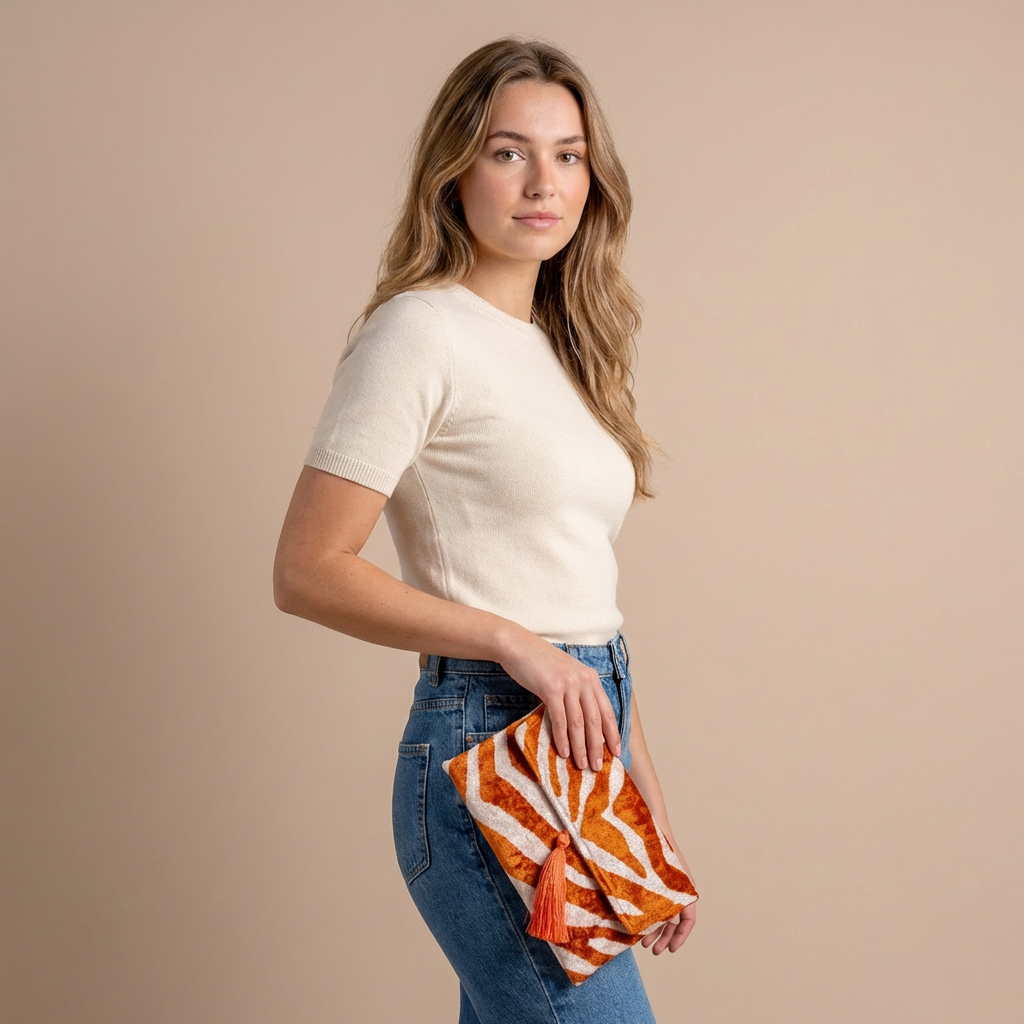Silk Velvet Ikat Clutch – Off White / Amber