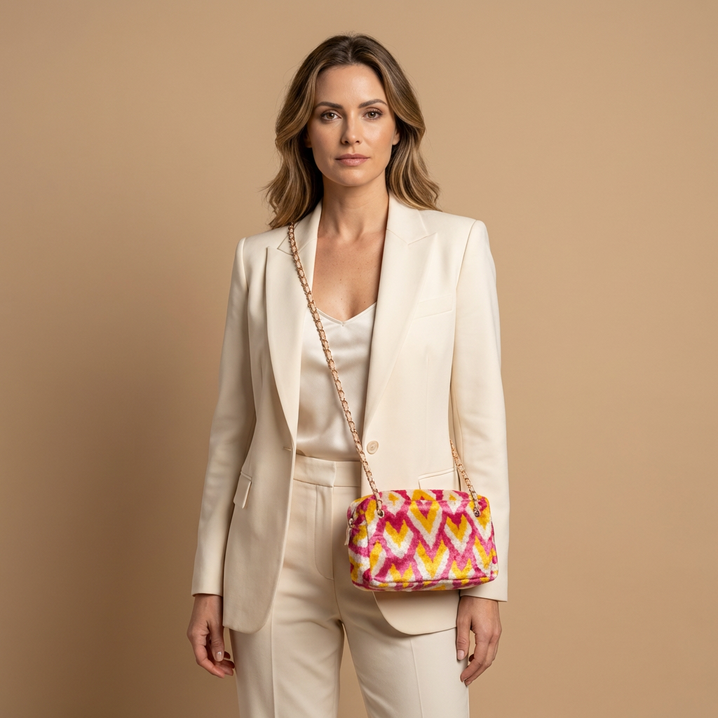 Silk Velvet Ikat Shoulder Bag – Off White / Pink / Saffron Gold