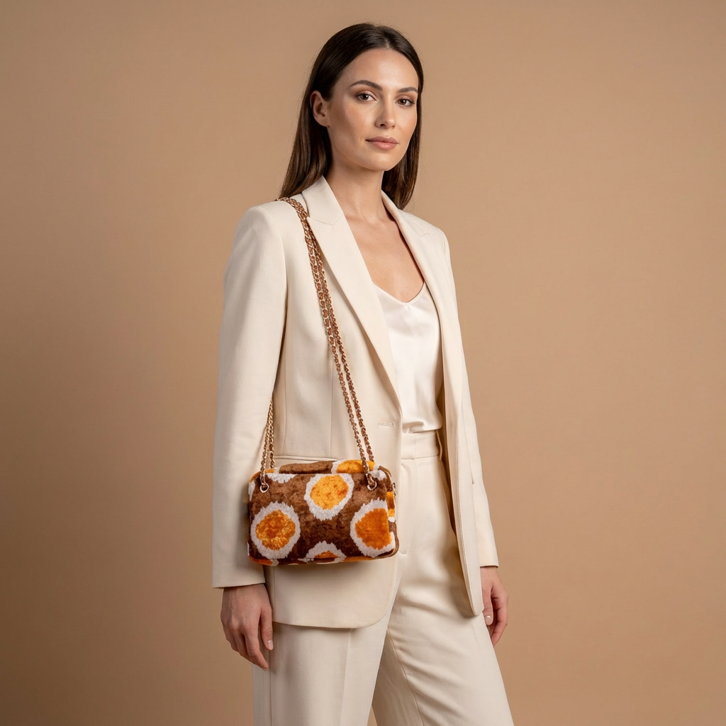 Silk Velvet Ikat Shoulder Bag – Off White / Brown / Saffron Gold