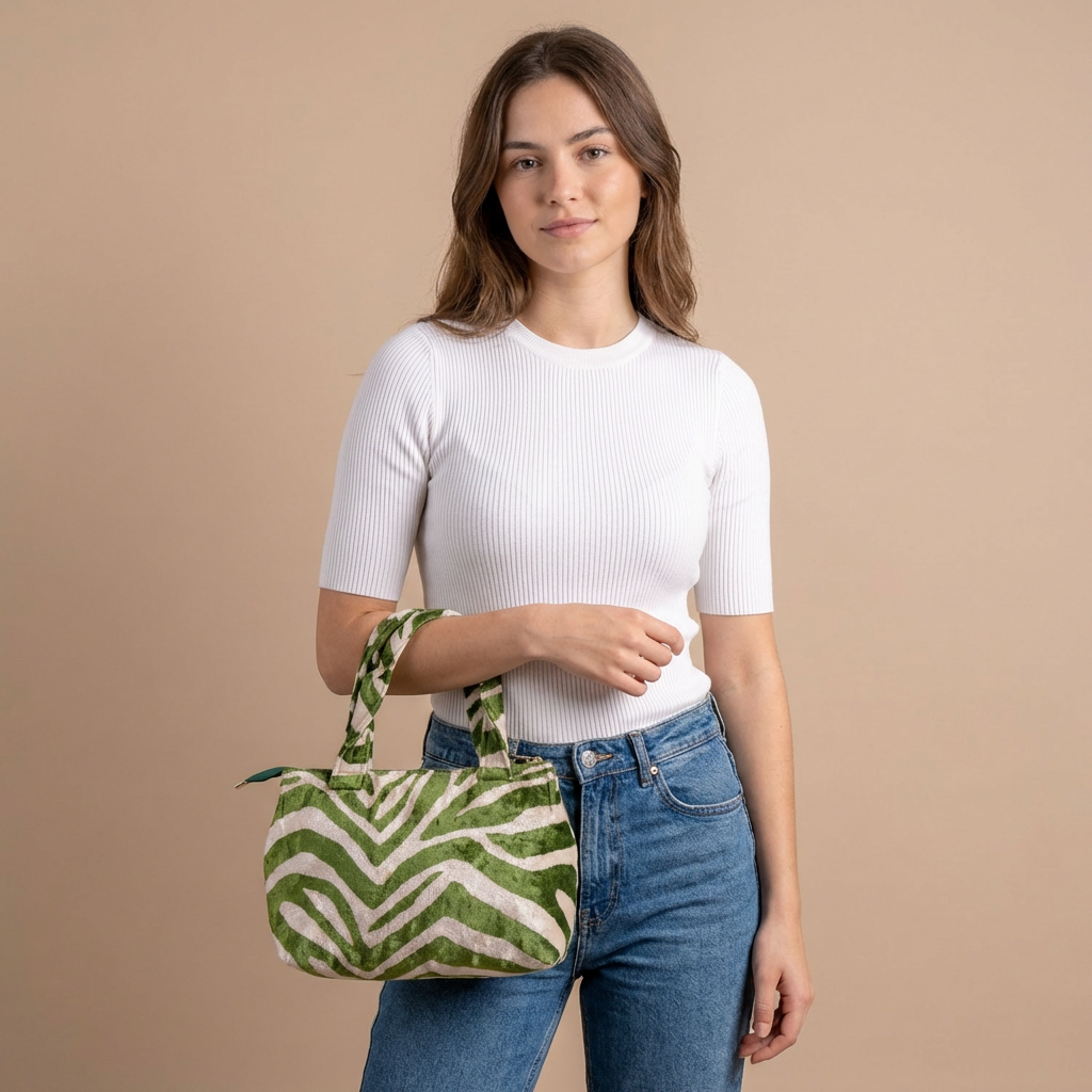 Silk Velvet Ikat Shoulder Bag – Off White / Green