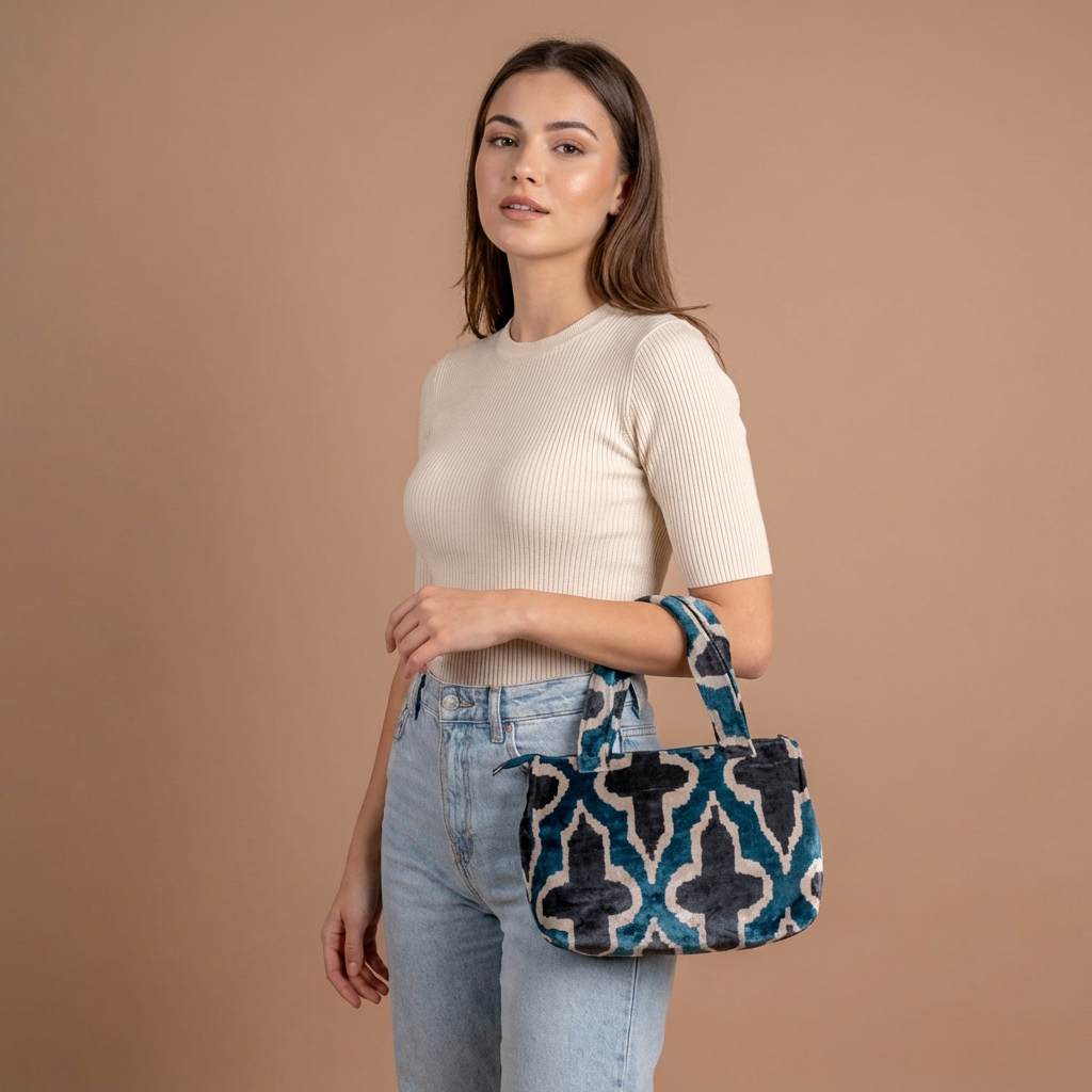 Silk Velvet Ikat Shoulder Bag – Off White / Turquoise / Midnight Indigo