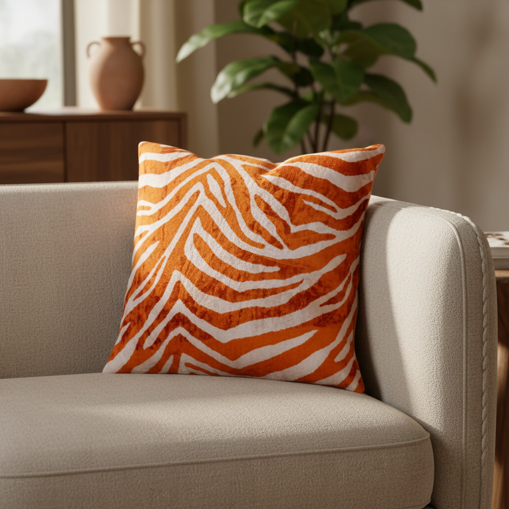 Silk Velvet Ikat Cushion – Off White/Amber