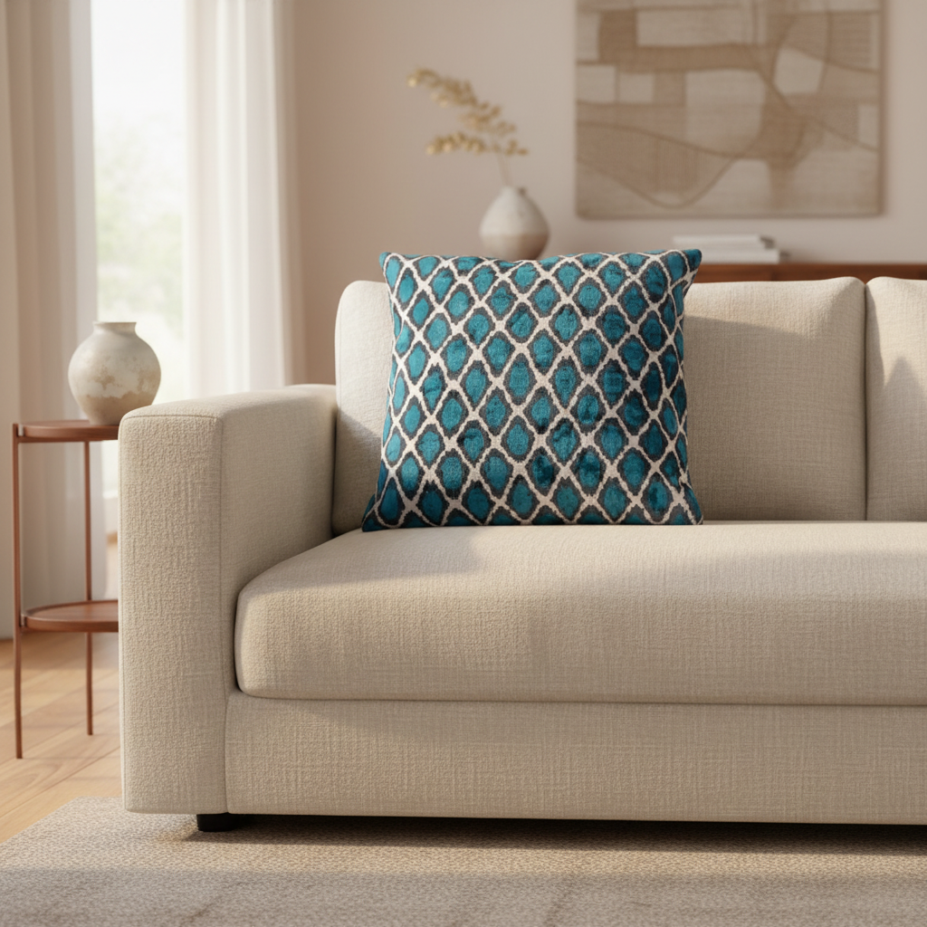Silk Velvet Ikat Cushion – Off White/Midnight Indigo/Turquoise