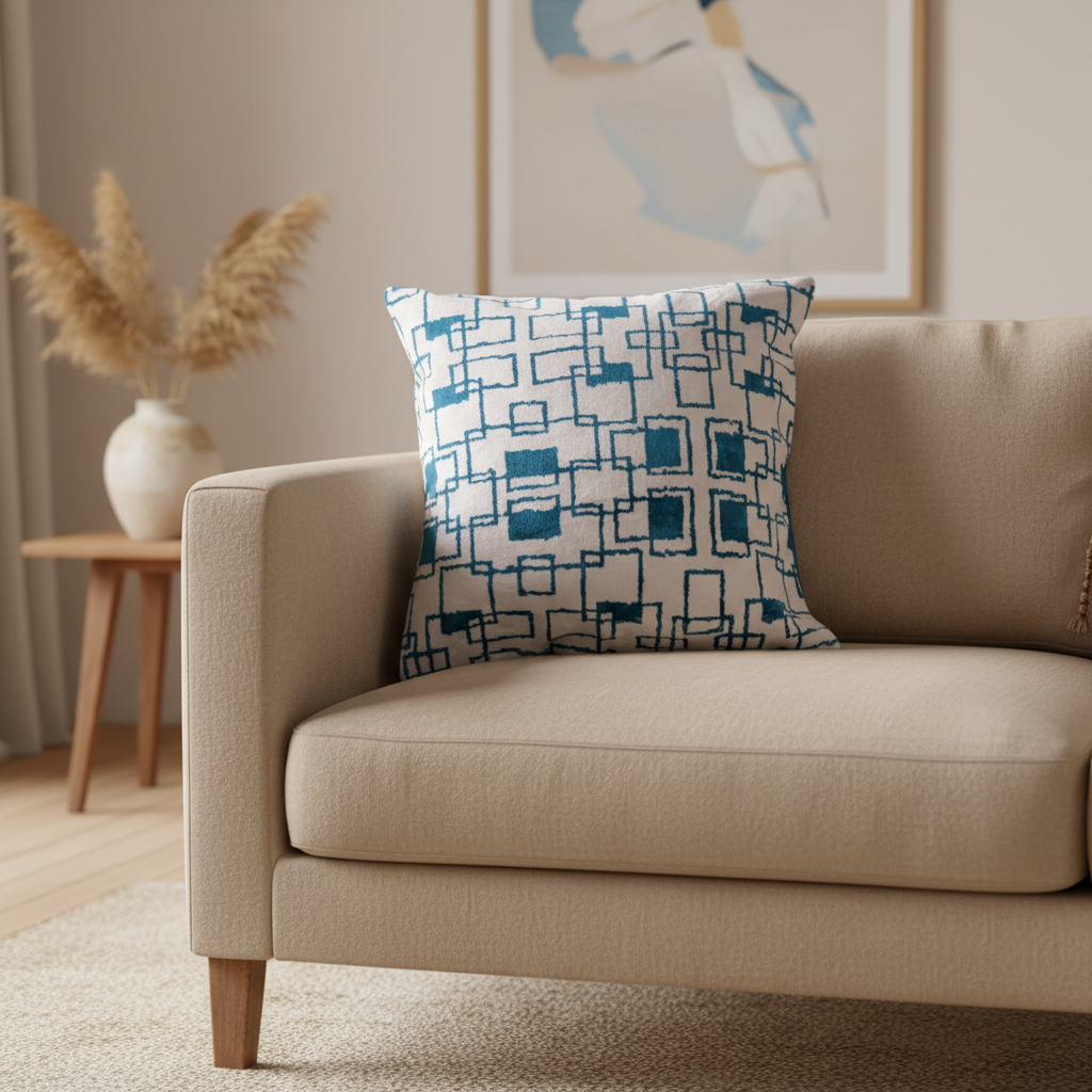 Silk Velvet Ikat Cushion – Off White/Turquoise