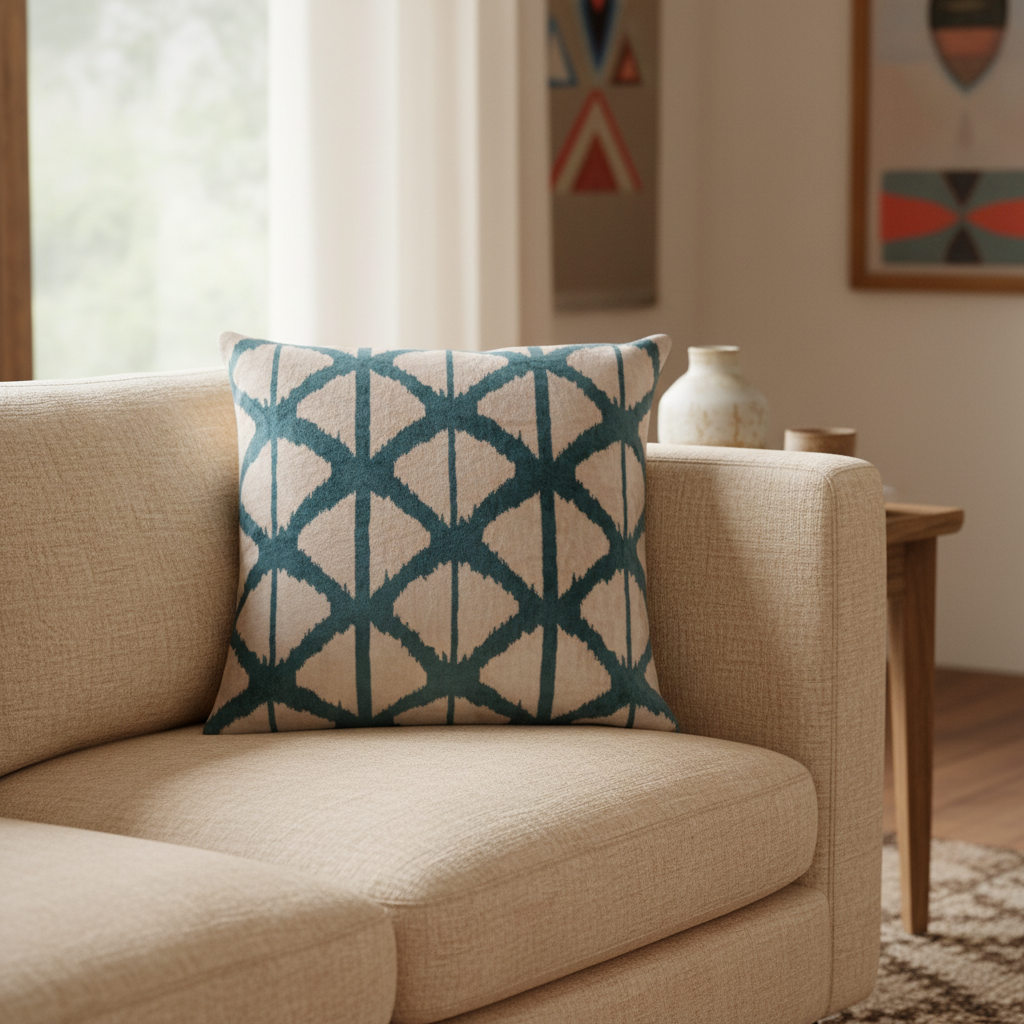 Silk Velvet Ikat Cushion – Off White/Turquoise