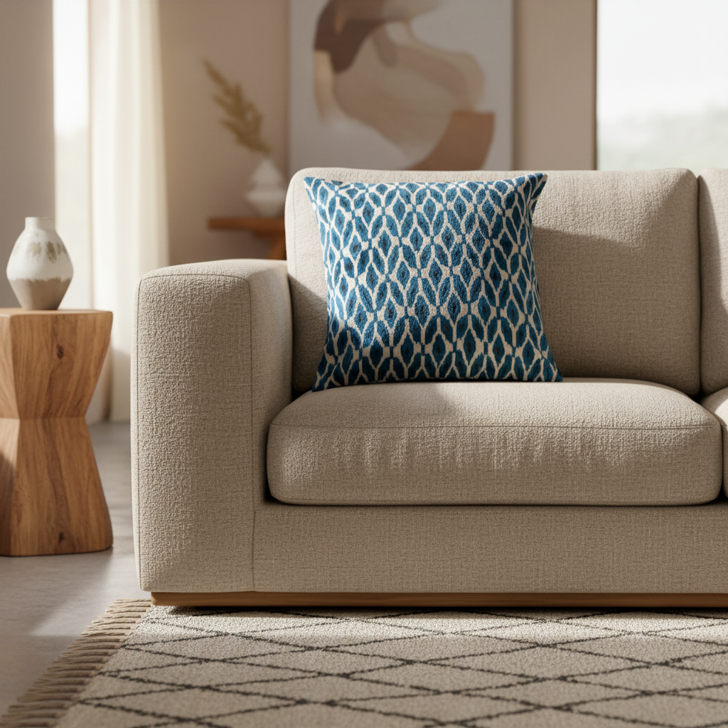 Silk Velvet Ikat Cushion – Off White/Turquoise/Midnight Indigo