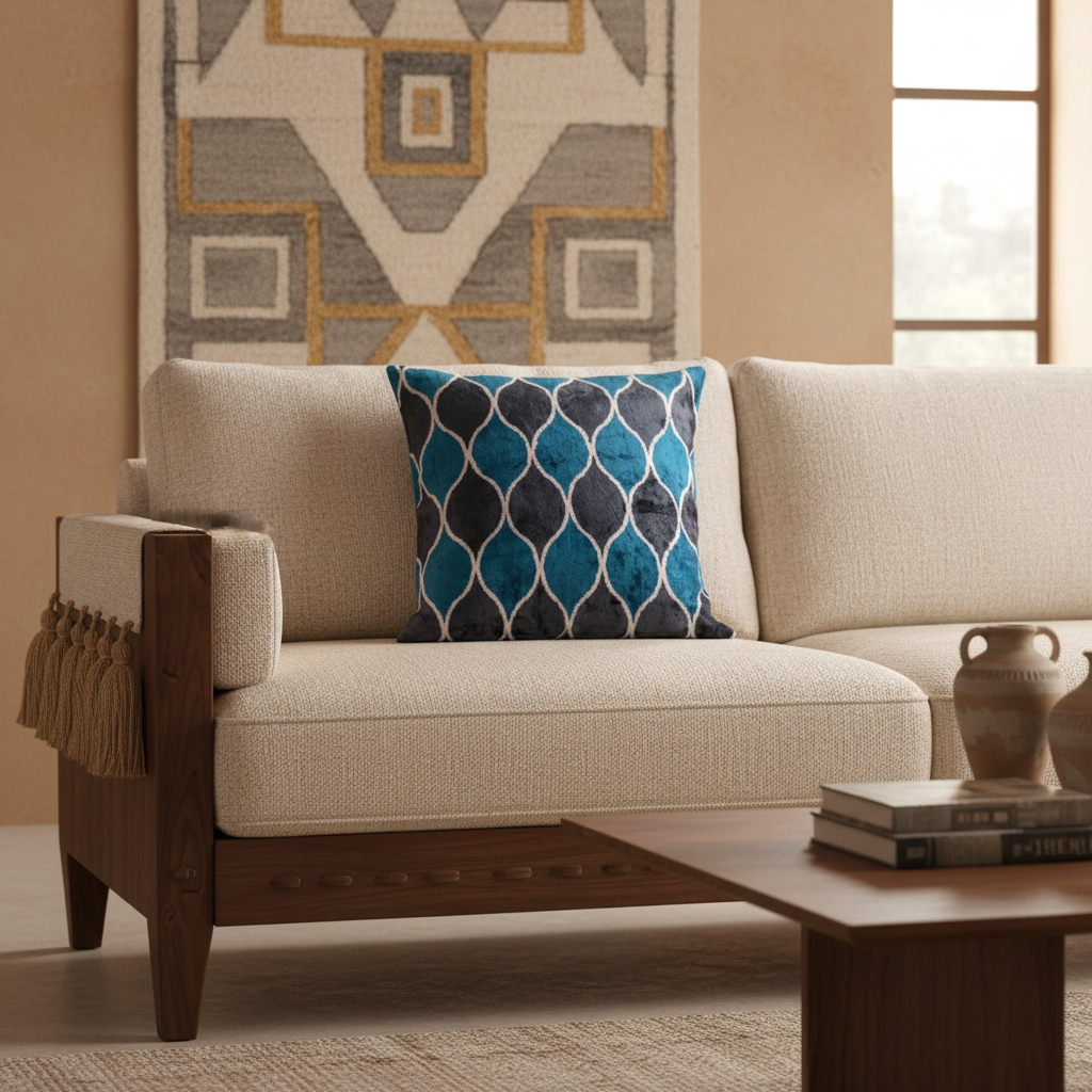 Silk Velvet Ikat Cushion – Off White/Turquoise/Midnight Indigo