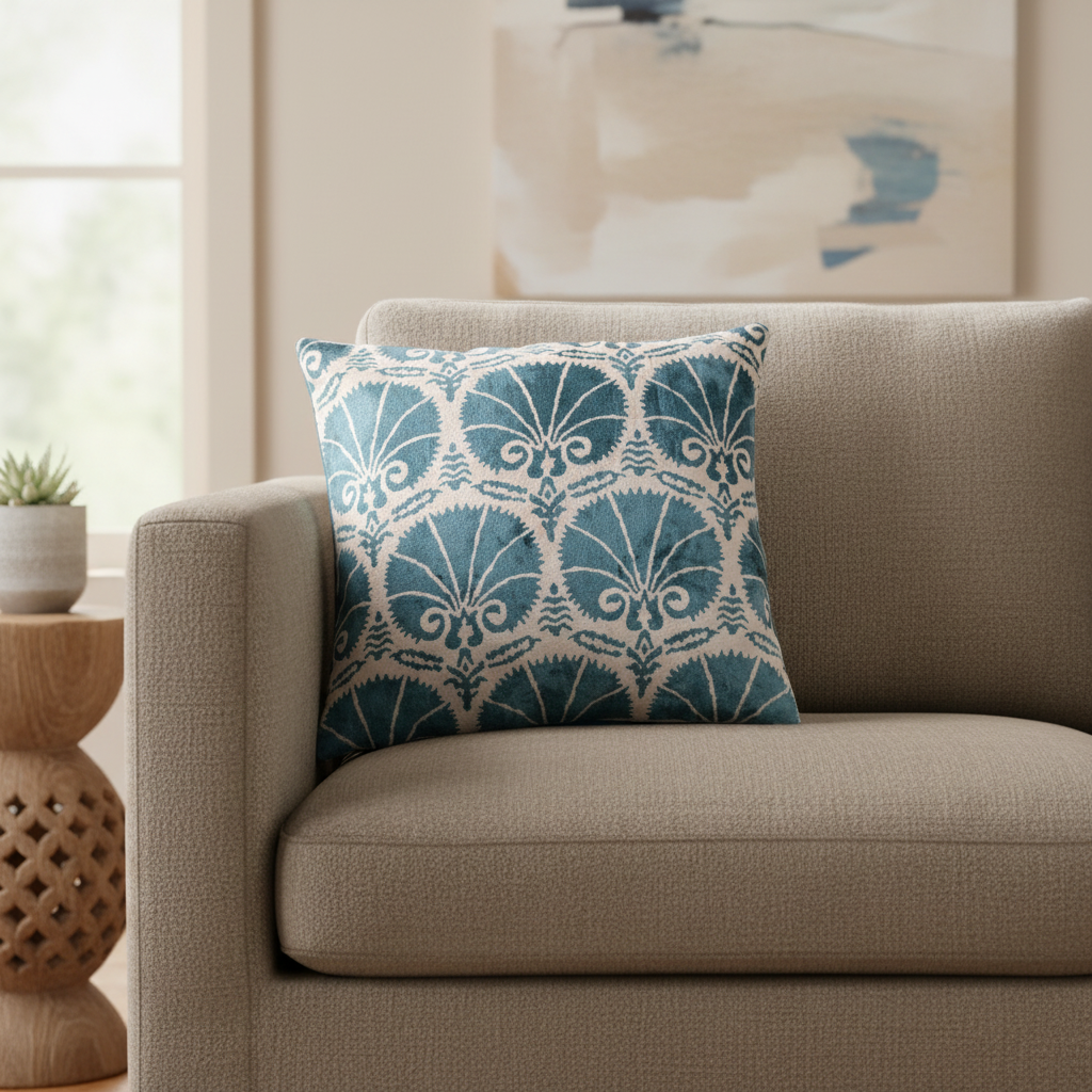 Silk Velvet Ikat Cushion – Off White/Turquoise