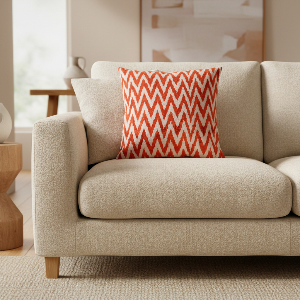 Silk Velvet Ikat Cushion – Off White/Red