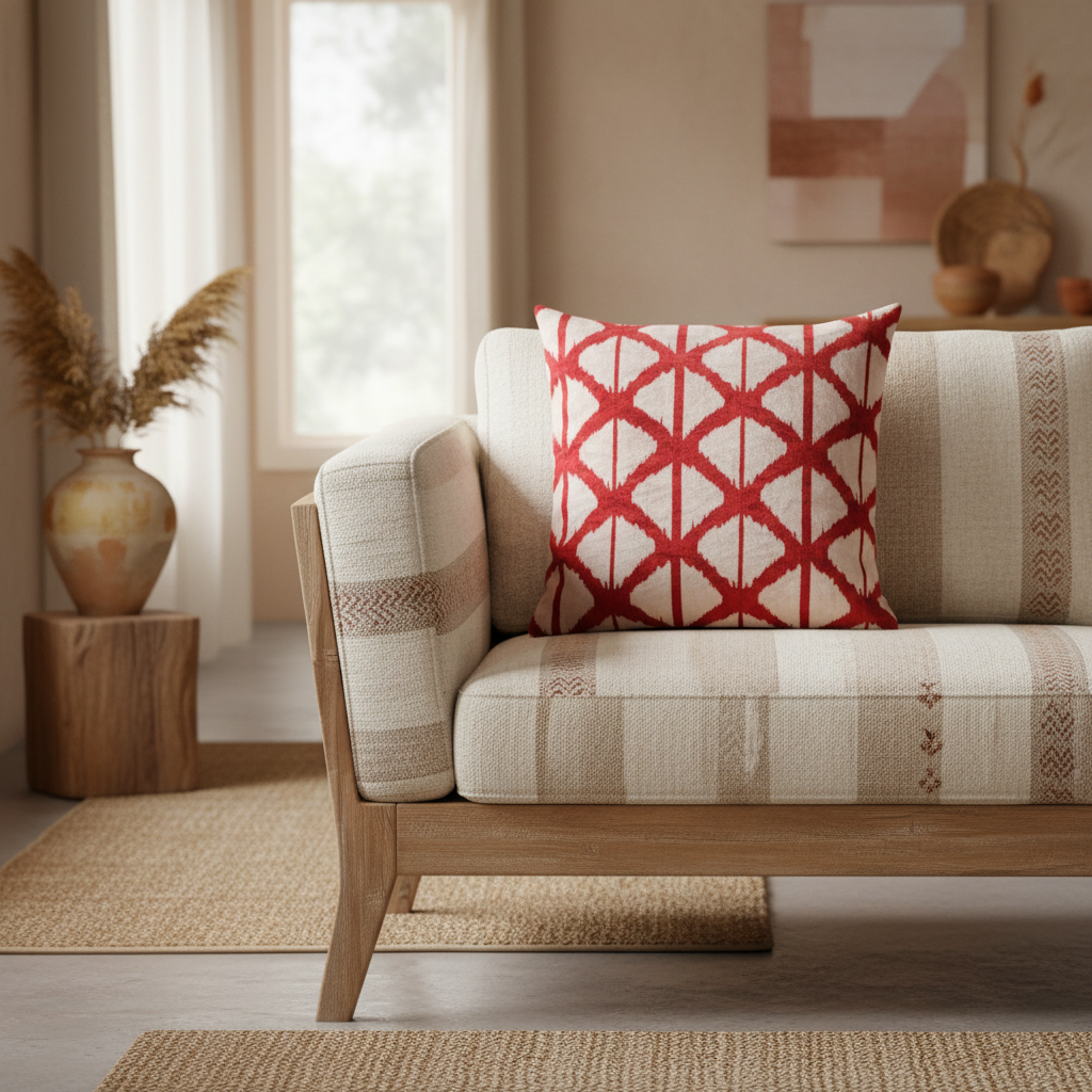 Silk Velvet Ikat Cushion – Off White/Burgundy