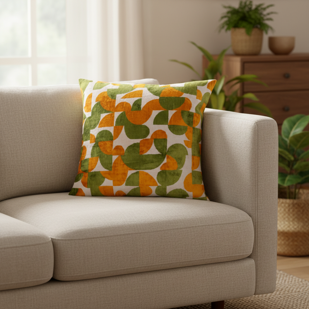 Silk Velvet Ikat Cushion – Off White/Pistachio Green/Saffron Gold