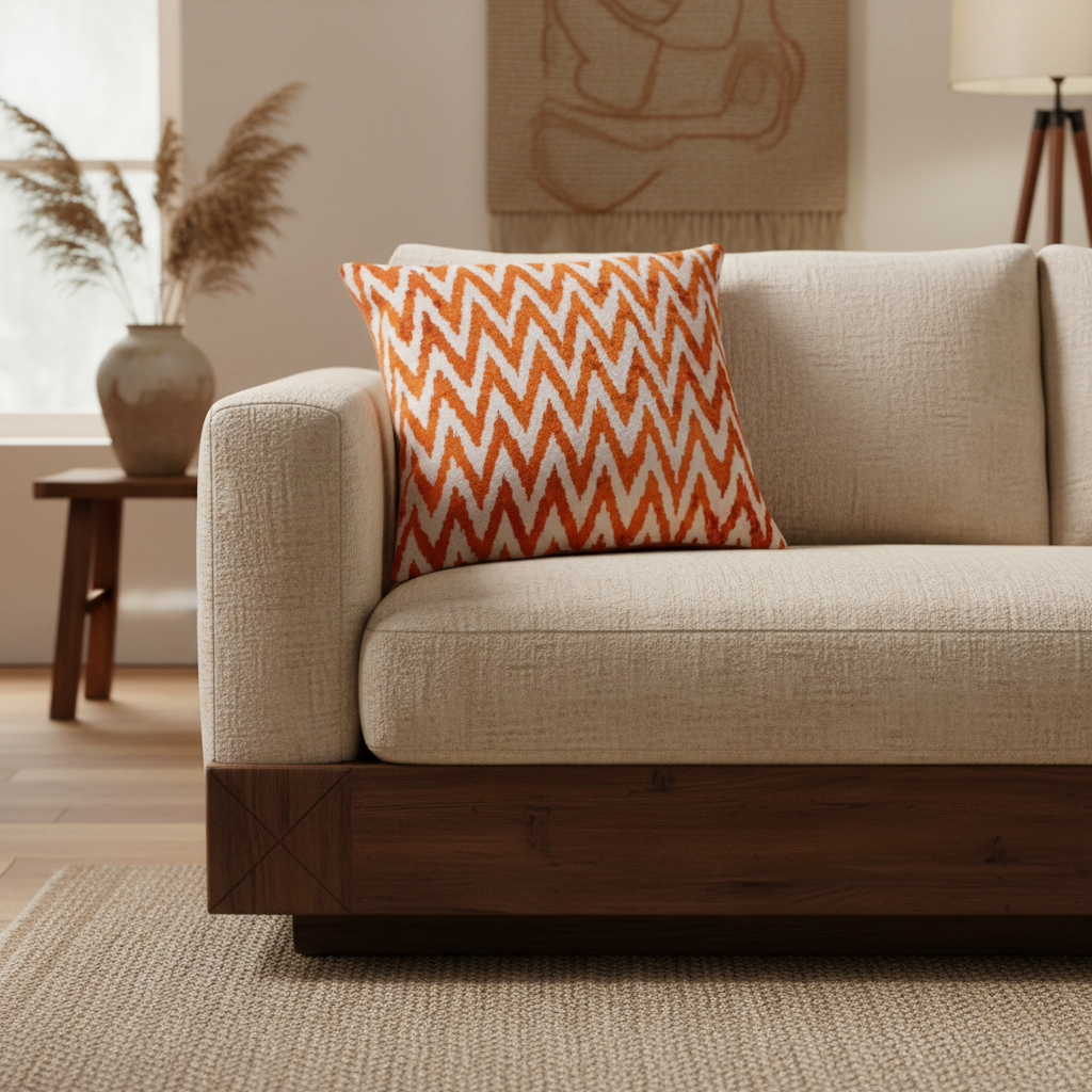 Silk Velvet Ikat Cushion – Off White/Amber