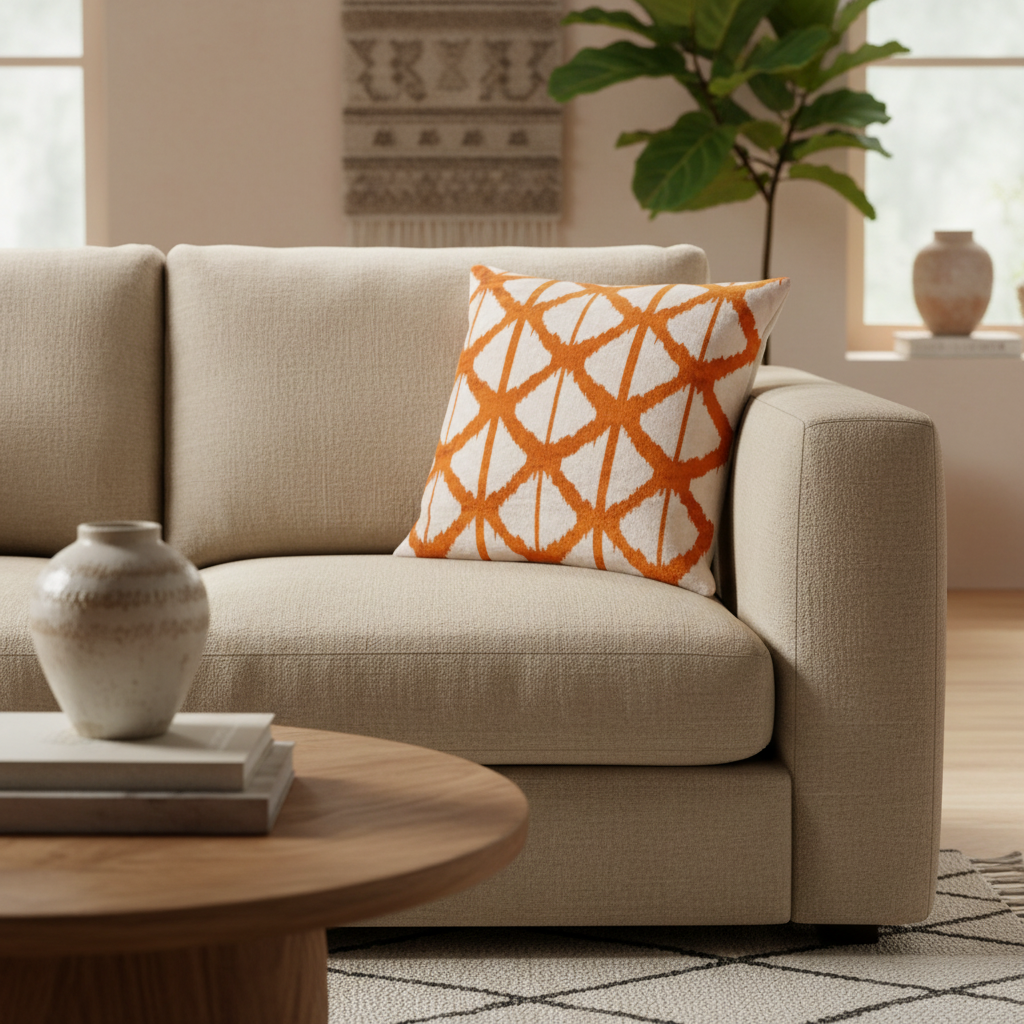 Silk Velvet Ikat Cushion – Off White/Saffron Gold