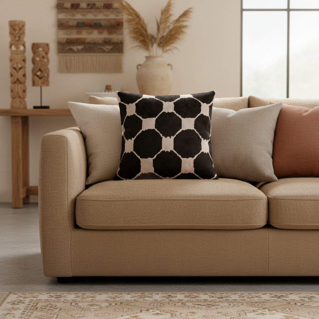 Silk Velvet Ikat Cushion – Off White/Black