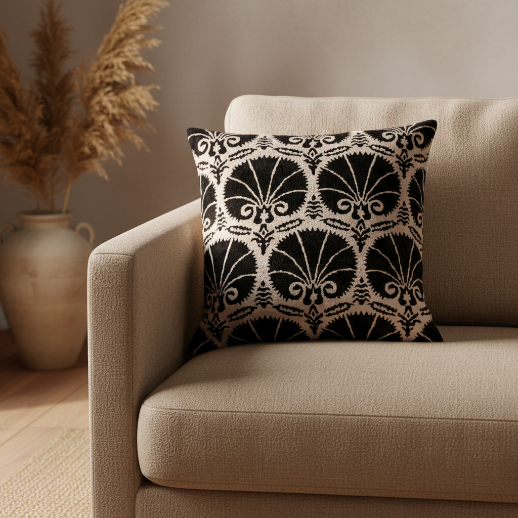 Silk Velvet Ikat Cushion – Off White/Black
