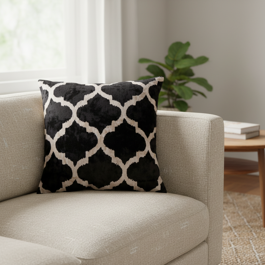 Silk Velvet Ikat Cushion – Off White/Black
