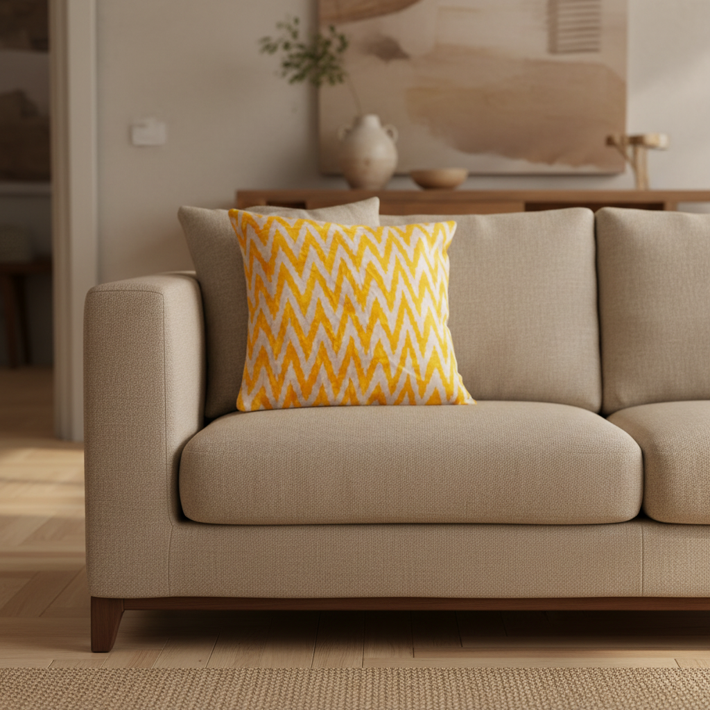 Silk Velvet Ikat Cushion – Off White/Yellow