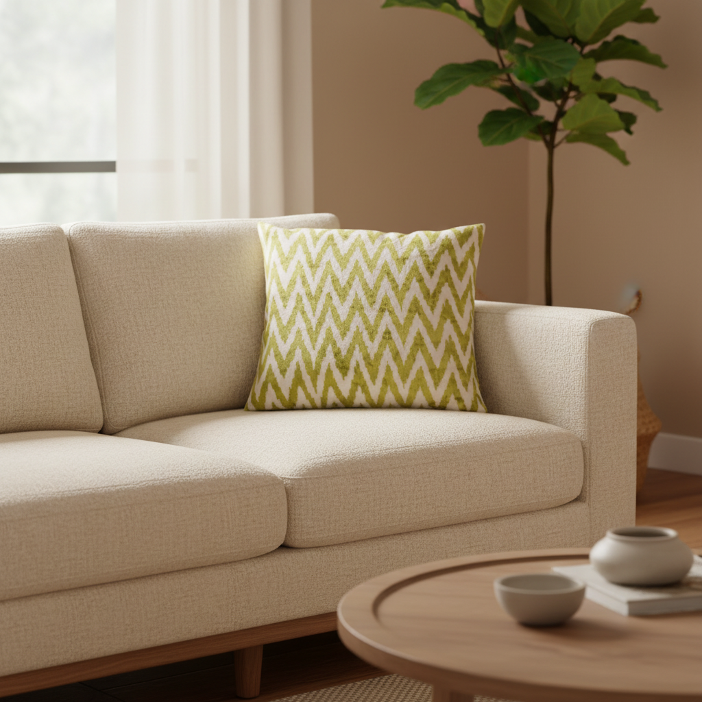 Silk Velvet Ikat Cushion – Off White/Pistachio Green