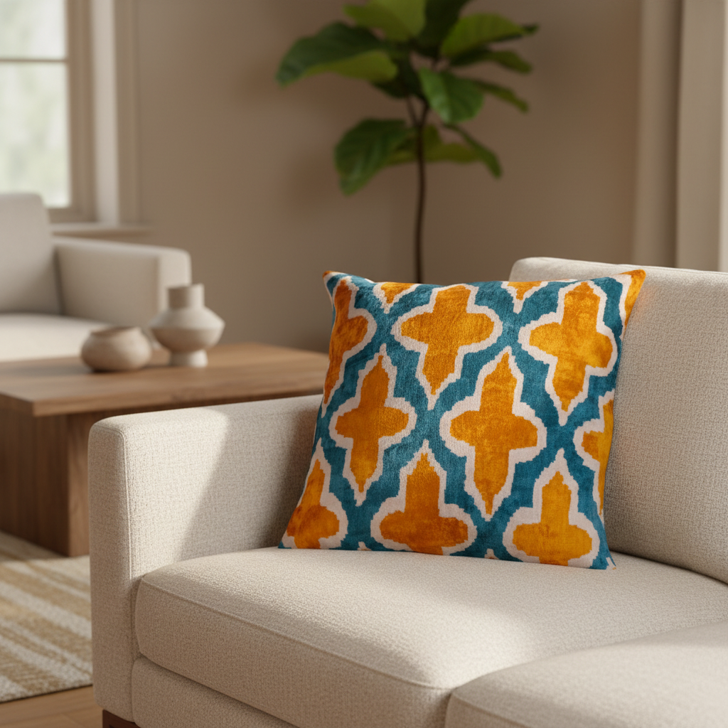 Silk Velvet Ikat Cushion – Off White/Turquoise/Saffron Gold