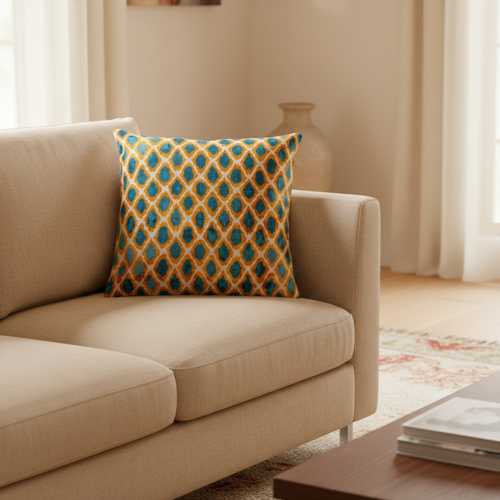 Silk Velvet Ikat Cushion – Off White/Turquoise/Saffron Gold