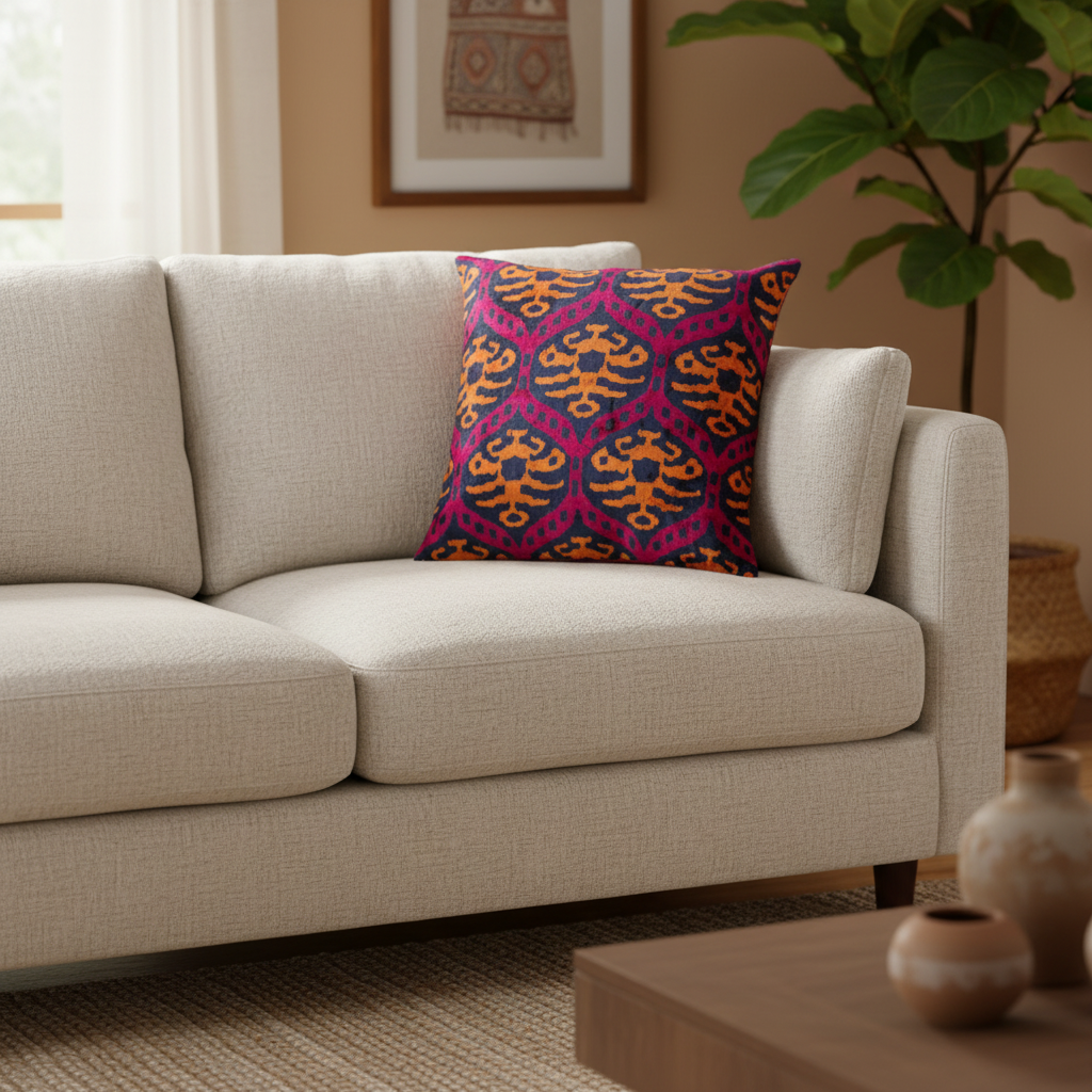 Silk Velvet Ikat Cushion – Midnight Indigo/Amber/Plum Velvet