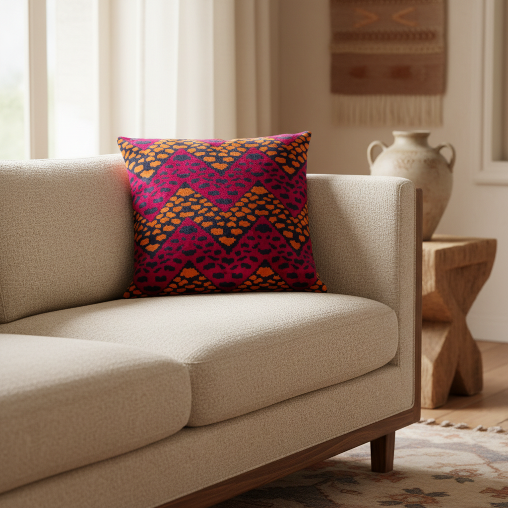 Silk Velvet Ikat Cushion – Midnight Indigo/Amber/Plum Velvet